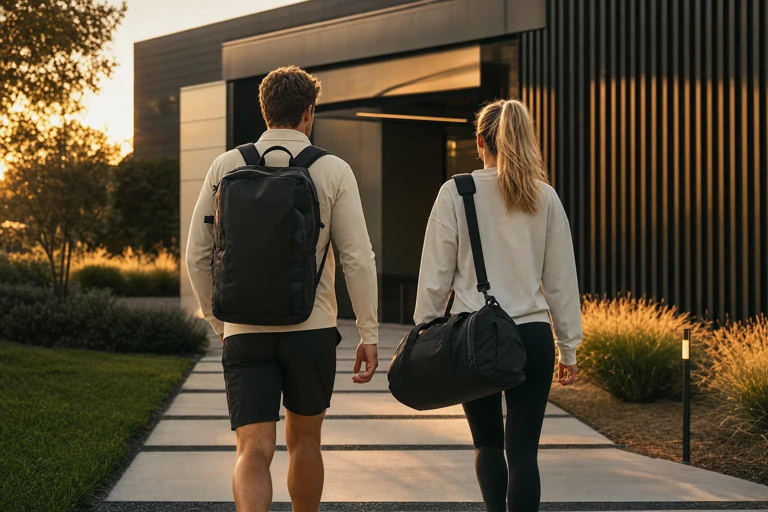 Athletes carrying a backpack and duffle bag to training