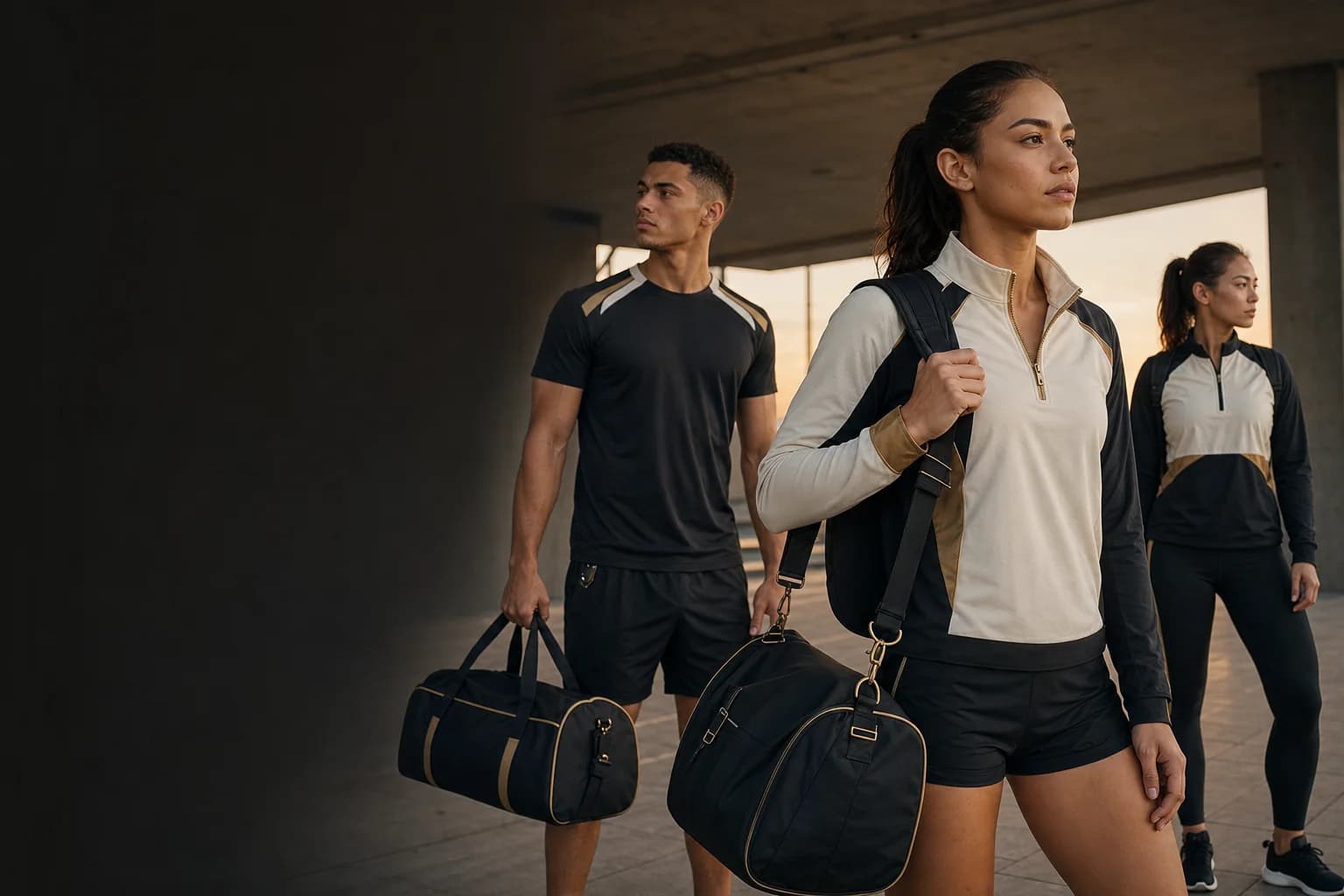 Athletes wearing premium sports apparel with backpacks and a duffle bag